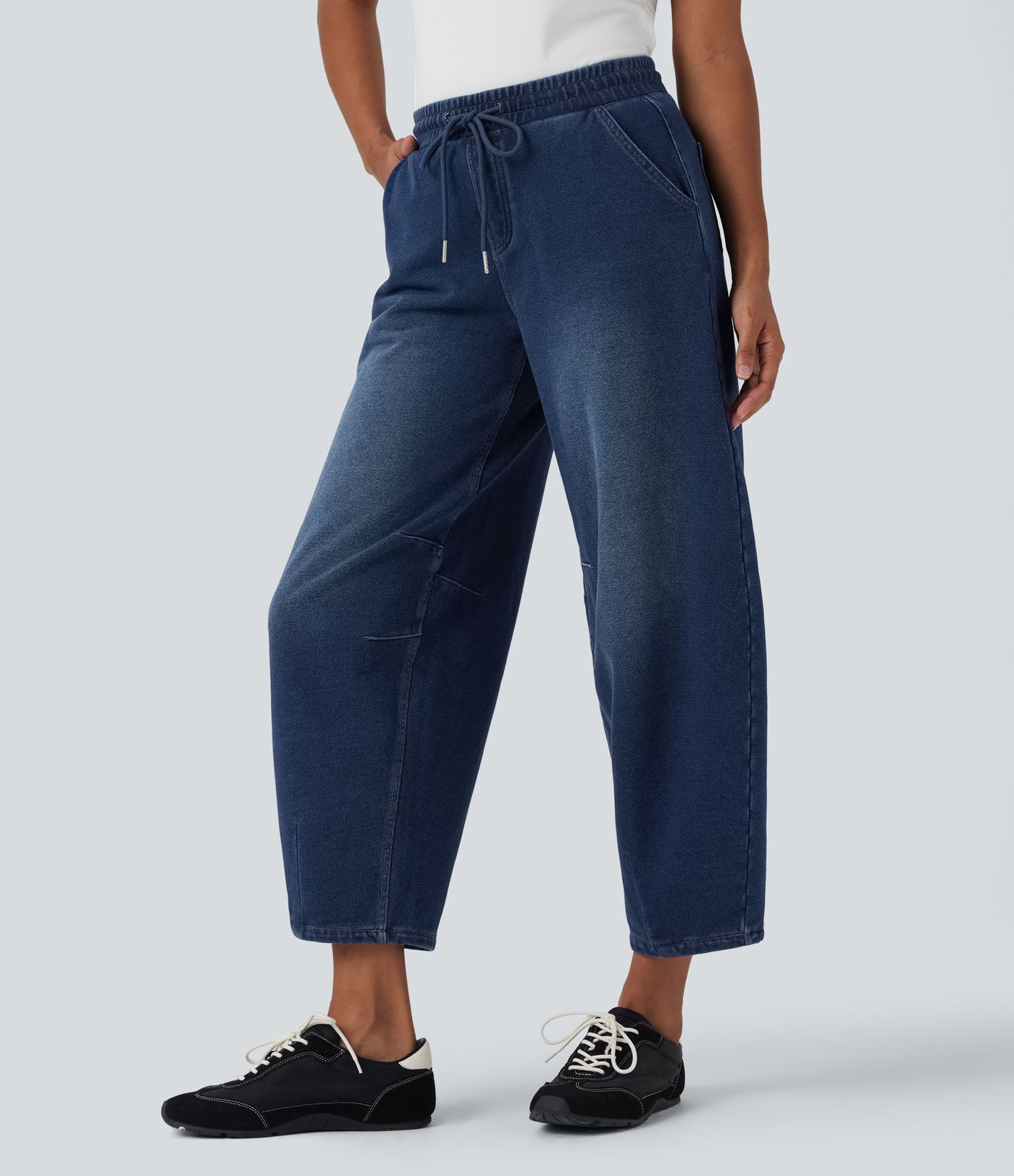 Halara Flex™ Mid Rise Kordelzug Barrel Leg Lässige French Terry Jogginghose Jeans mit Taschen
