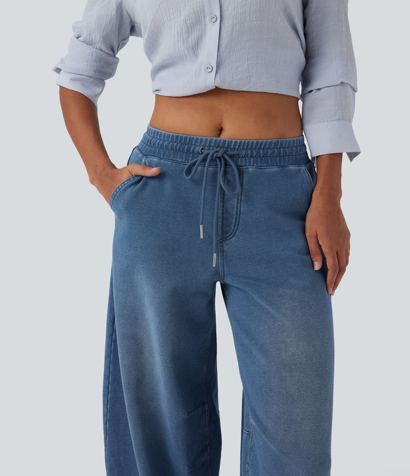 Halara Flex™ Mid Rise Drawstring Barrel Leg Casual French Terry Baggy Sweatpants Jeans with Pockets