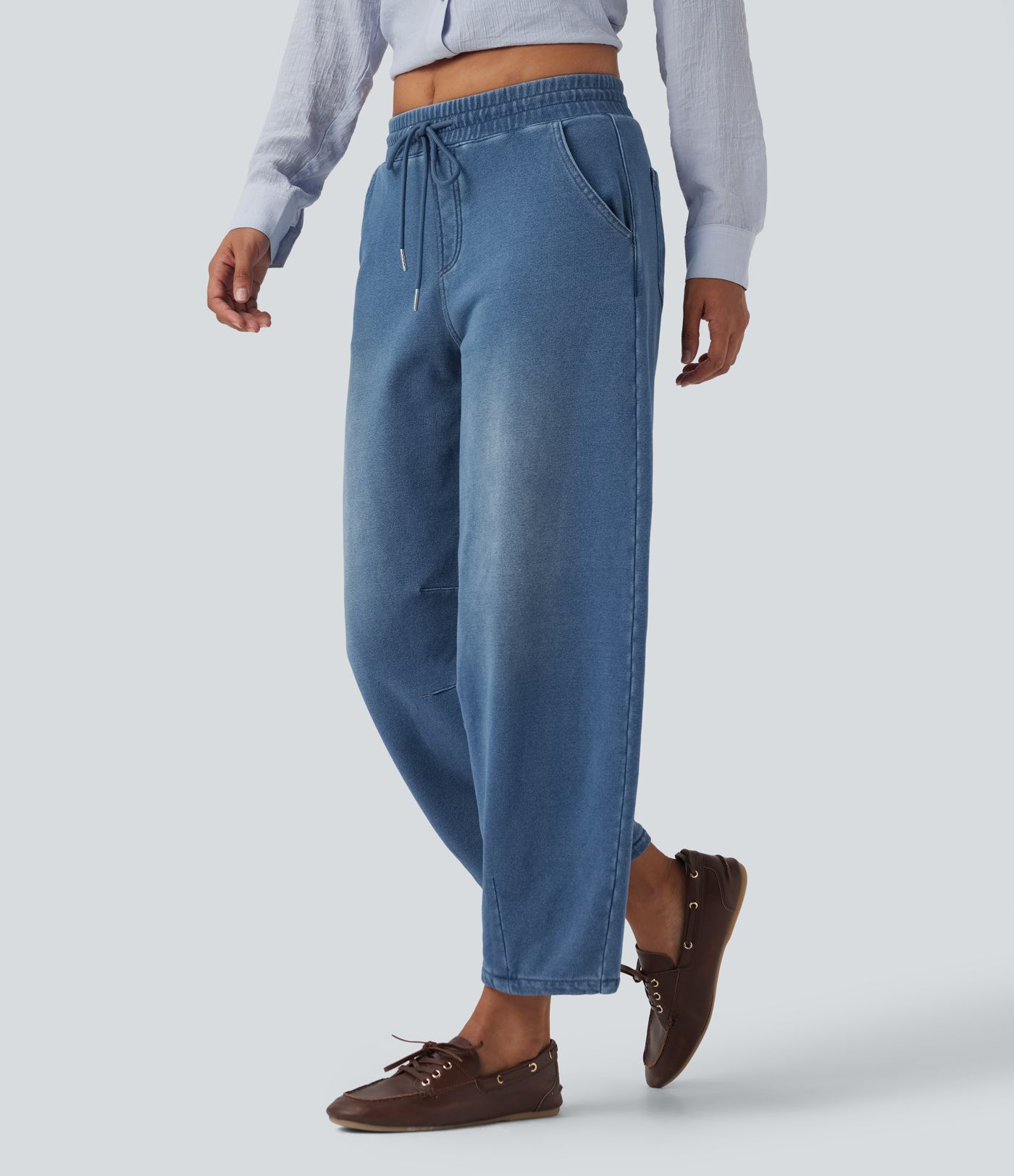 Halara Flex™ Mid Rise Drawstring Barrel Leg Casual French Terry Baggy Sweatpants Jeans with Pockets