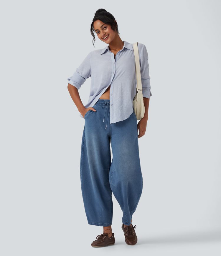 Halara Flex™ Mid Rise Drawstring Barrel Leg Casual French Terry Baggy Sweatpants Jeans with Pockets