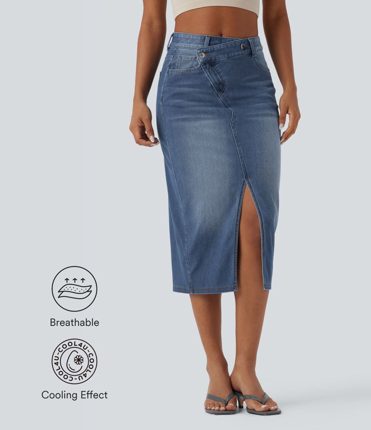Jupe décontractée denim moulante Halara Flex™ asymétrique taille mi-haute avec fente et poches