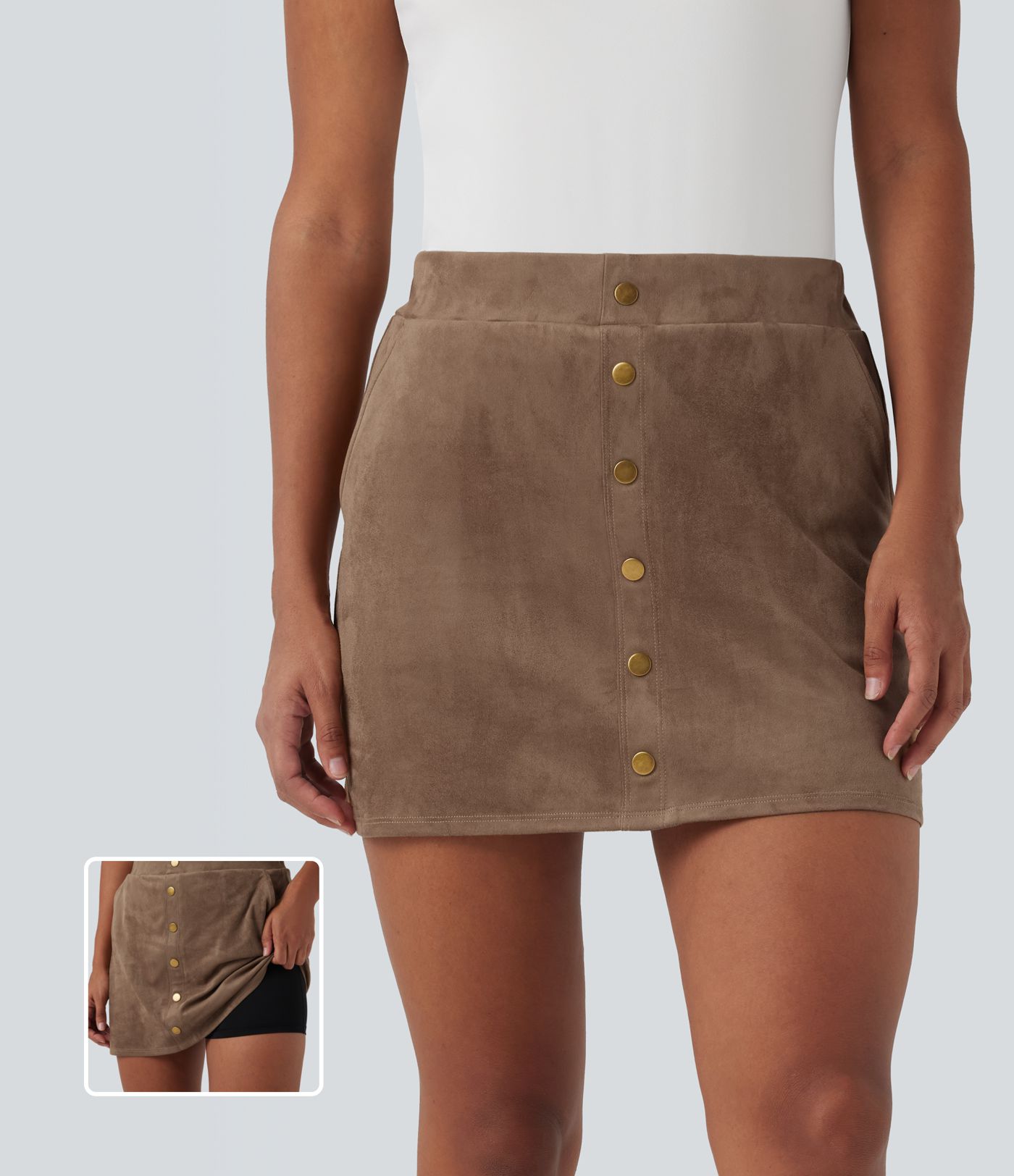 High Waisted 2-in-1 A-line Mini Suede Casual Skirt with Pockets