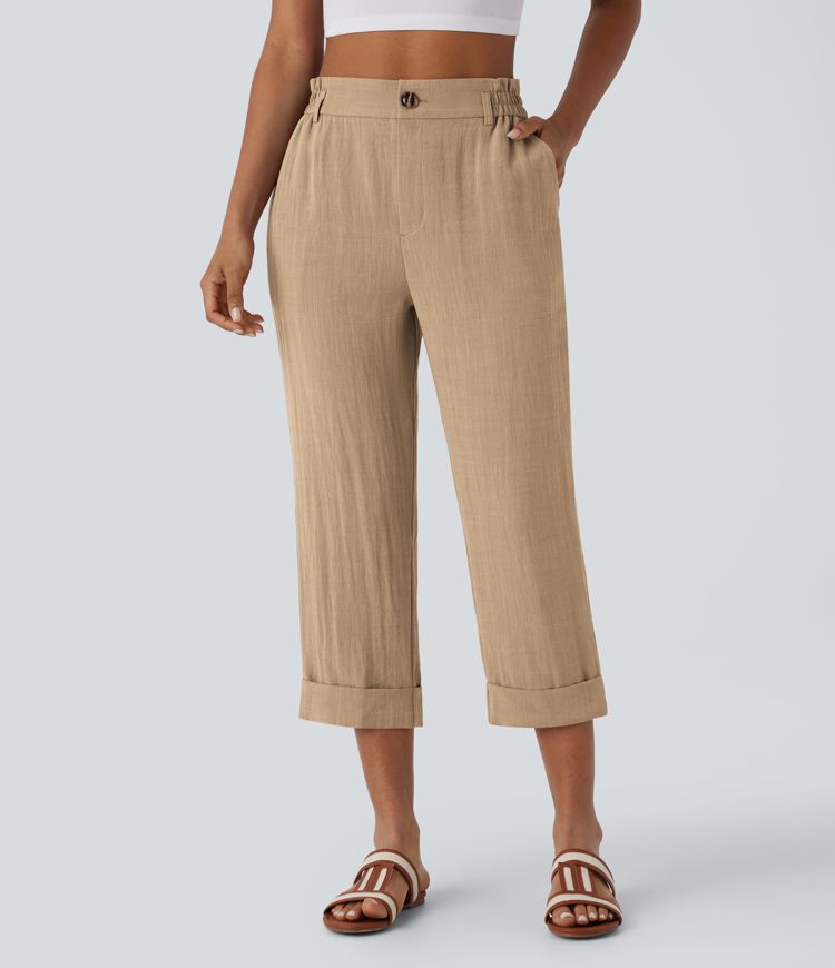 High Waisted Zipper Pocket Capri Linen-Feel Pants