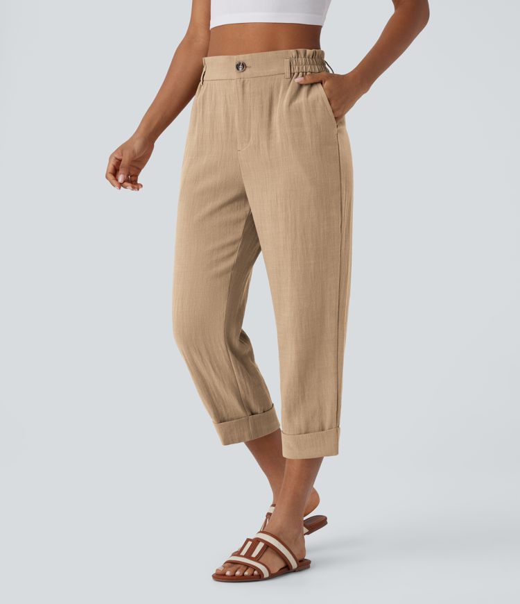 High Waisted Zipper Pocket Capri Linen-Feel Pants