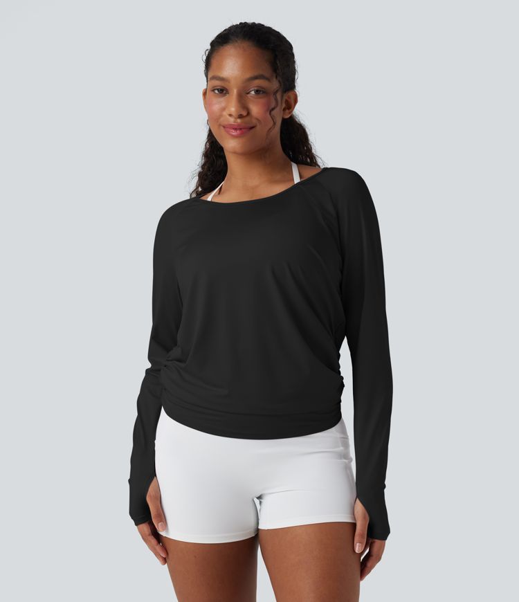 Cut-out Back Thumb Hole Ruched Relaxed Yoga Sports Top