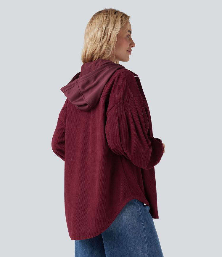 Hooded Drawstring Long Sleeve Corduroy Casual Jacket with Pockets