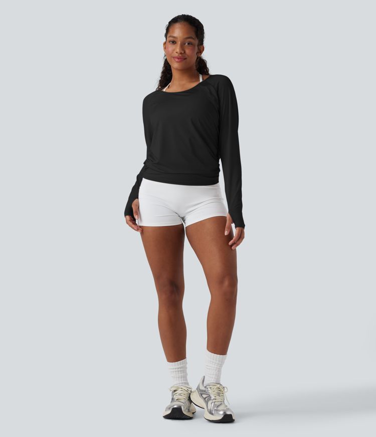 Cut-out Back Thumb Hole Ruched Relaxed Women Yoga Sports Top