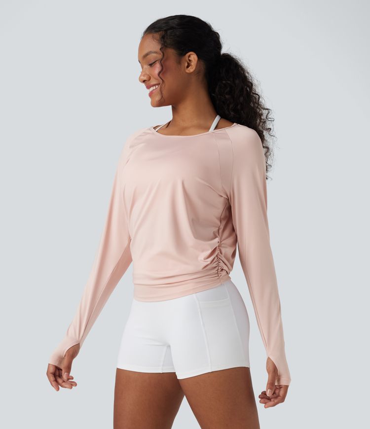 Cut-out Back Thumb Hole Ruched Relaxed Yoga Sports Top