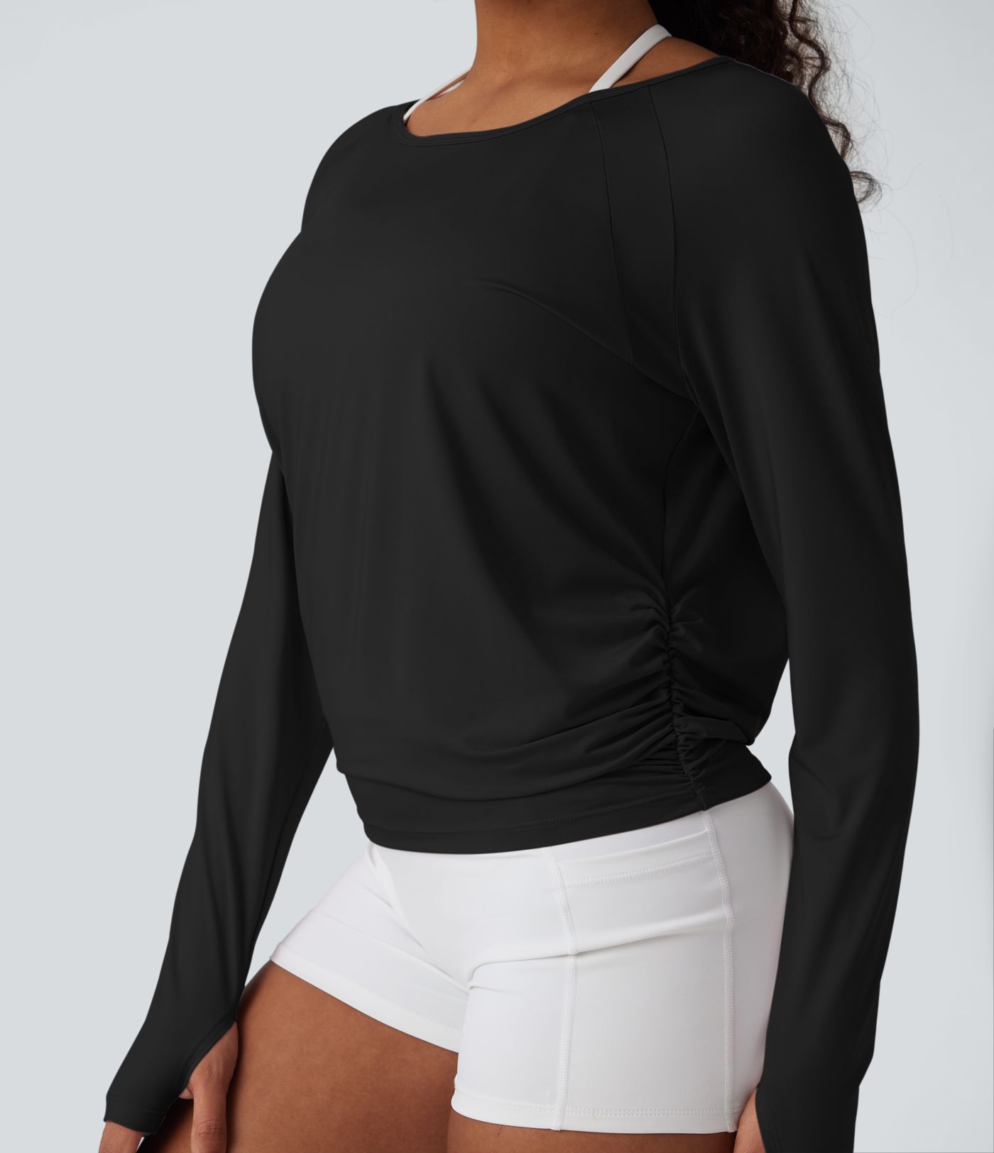 Cut-out Back Thumb Hole Ruched Relaxed Women Yoga Sports Top