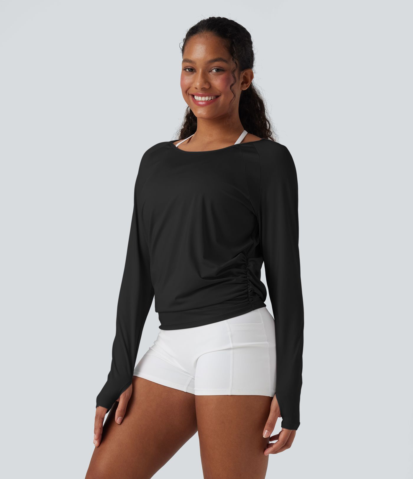 Cut-out Back Thumb Hole Ruched Relaxed Women Yoga Sports Top