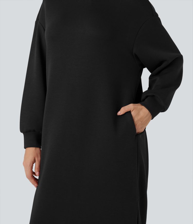 Round Neck Long Sleeve Split Maxi Casual Sweatshirt Dress with Pockets