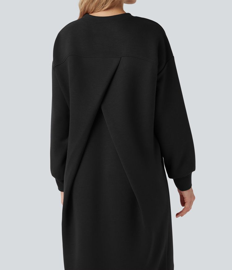 Round Neck Long Sleeve Split Maxi Casual Sweatshirt Dress with Pockets