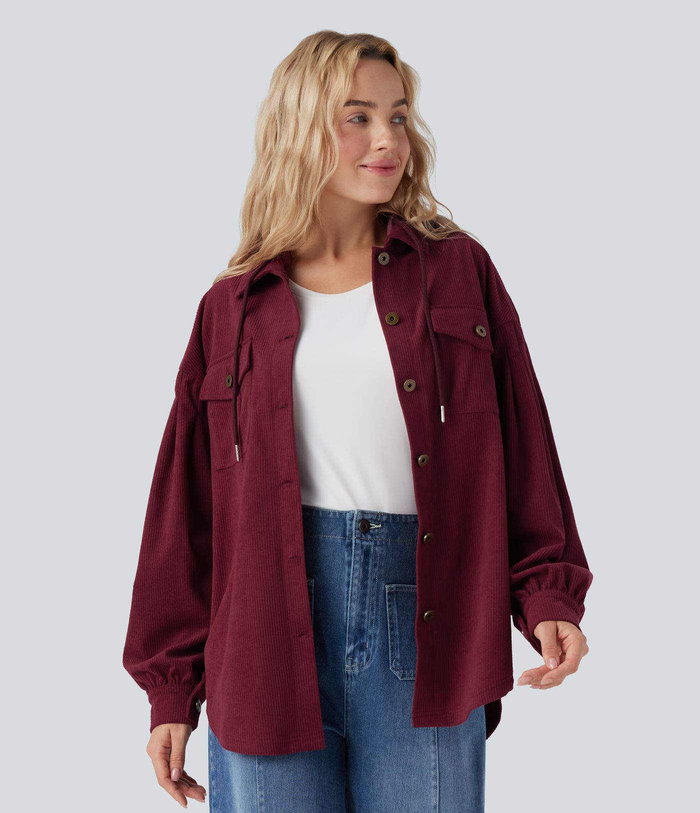 Hooded Drawstring Long Sleeve Corduroy Casual Jacket with Pockets