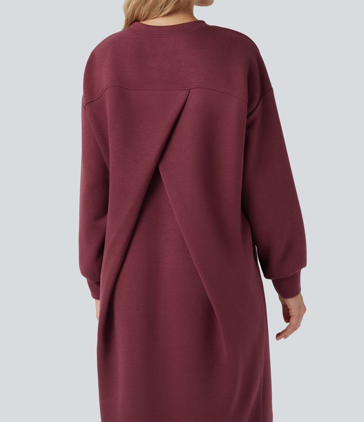 Round Neck Long Sleeve Split Maxi Casual Sweatshirt Dress with Pockets