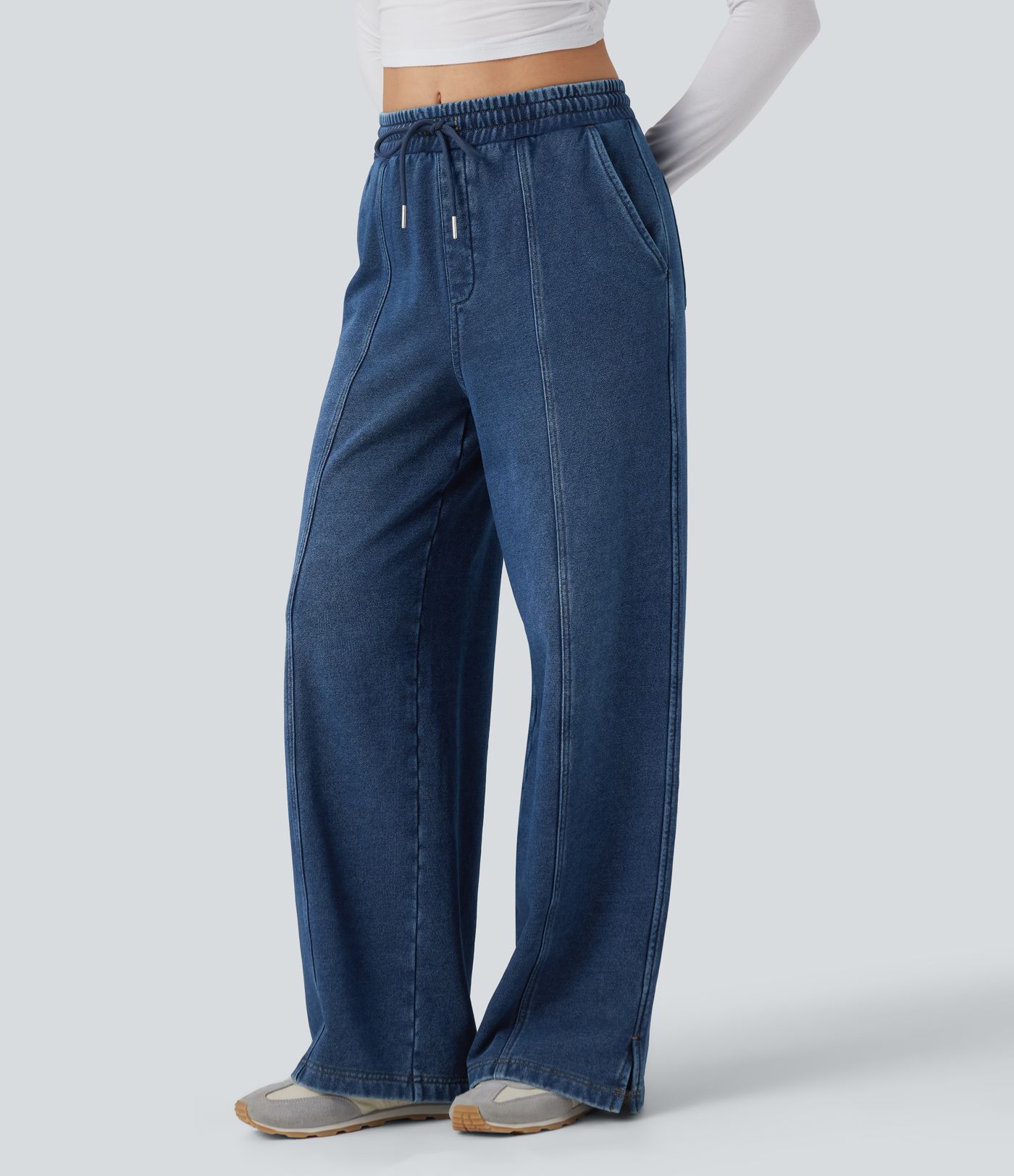 Halara Flex™ High Waisted Drawstring Split Straight Leg Casual French Terry Sweatpants Jeans with Pockets Halara Flex™ High Waisted Drawstring Split Straight Leg Casual French Terry Sweatpants Jeans with Pockets