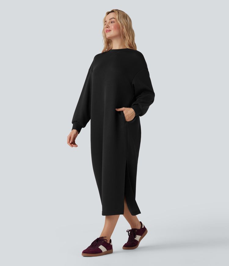 Round Neck Long Sleeve Split Maxi Casual Sweatshirt Dress with Pockets
