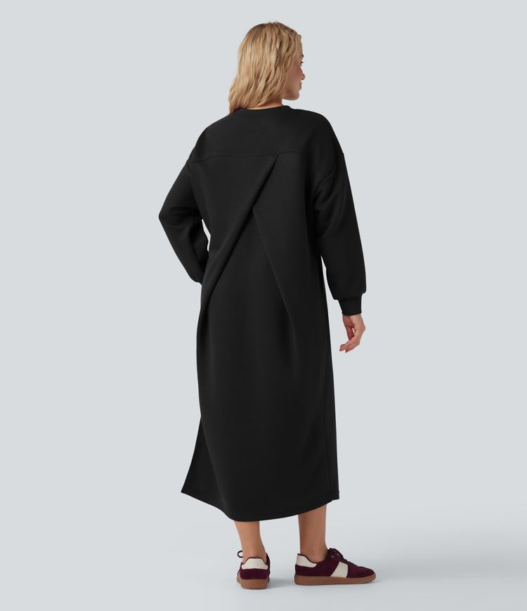 Round Neck Long Sleeve Split Maxi Casual Sweatshirt Dress with Pockets