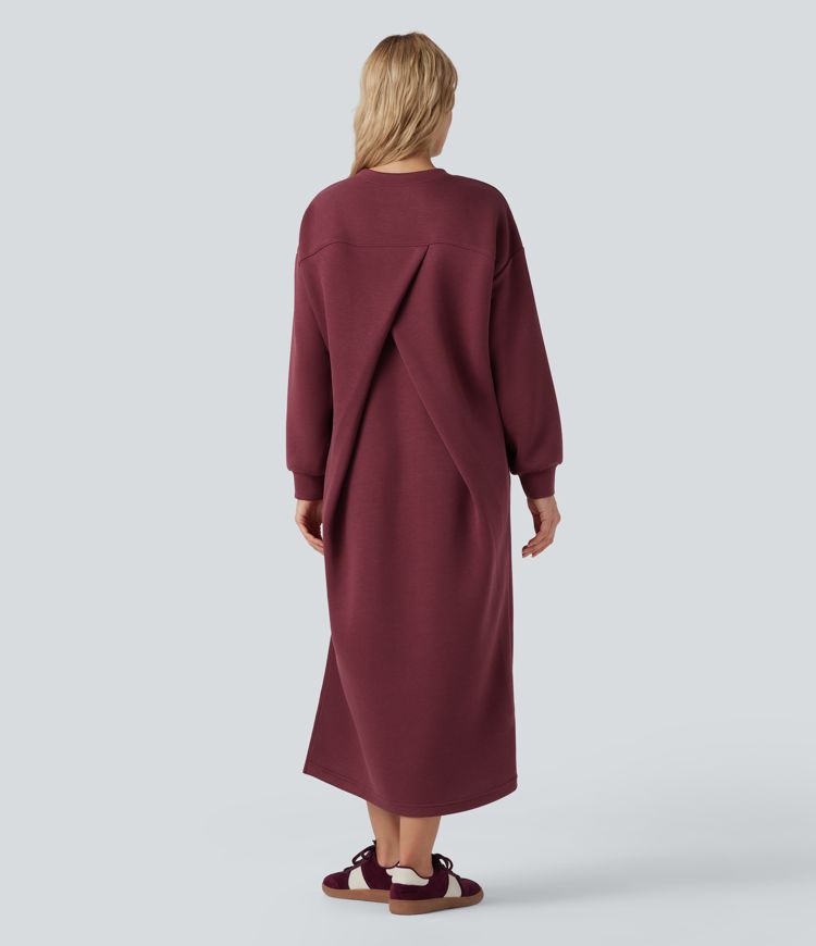 Round Neck Long Sleeve Split Maxi Casual Sweatshirt Dress with Pockets