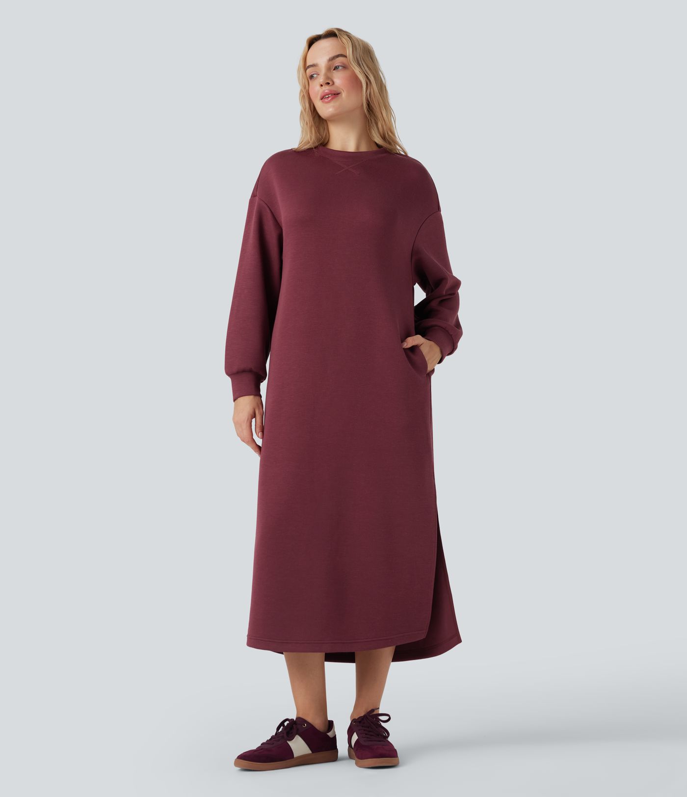 Vestido estilo sudadera larga maxi casual de manga larga con cuello redondo y bolsillos