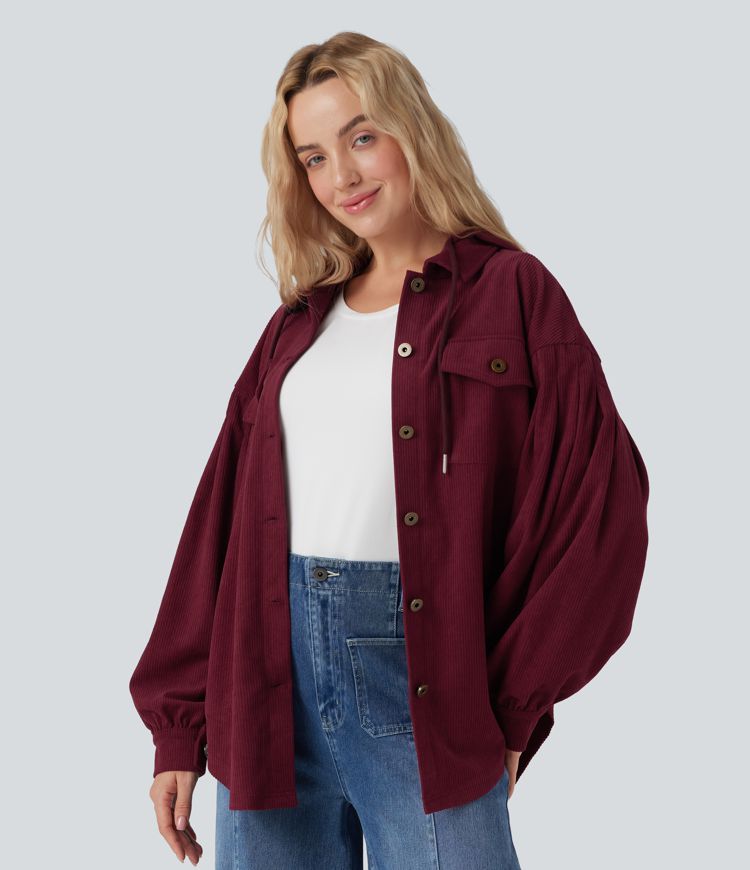 Hooded Drawstring Long Sleeve Corduroy Casual Jacket with Pockets