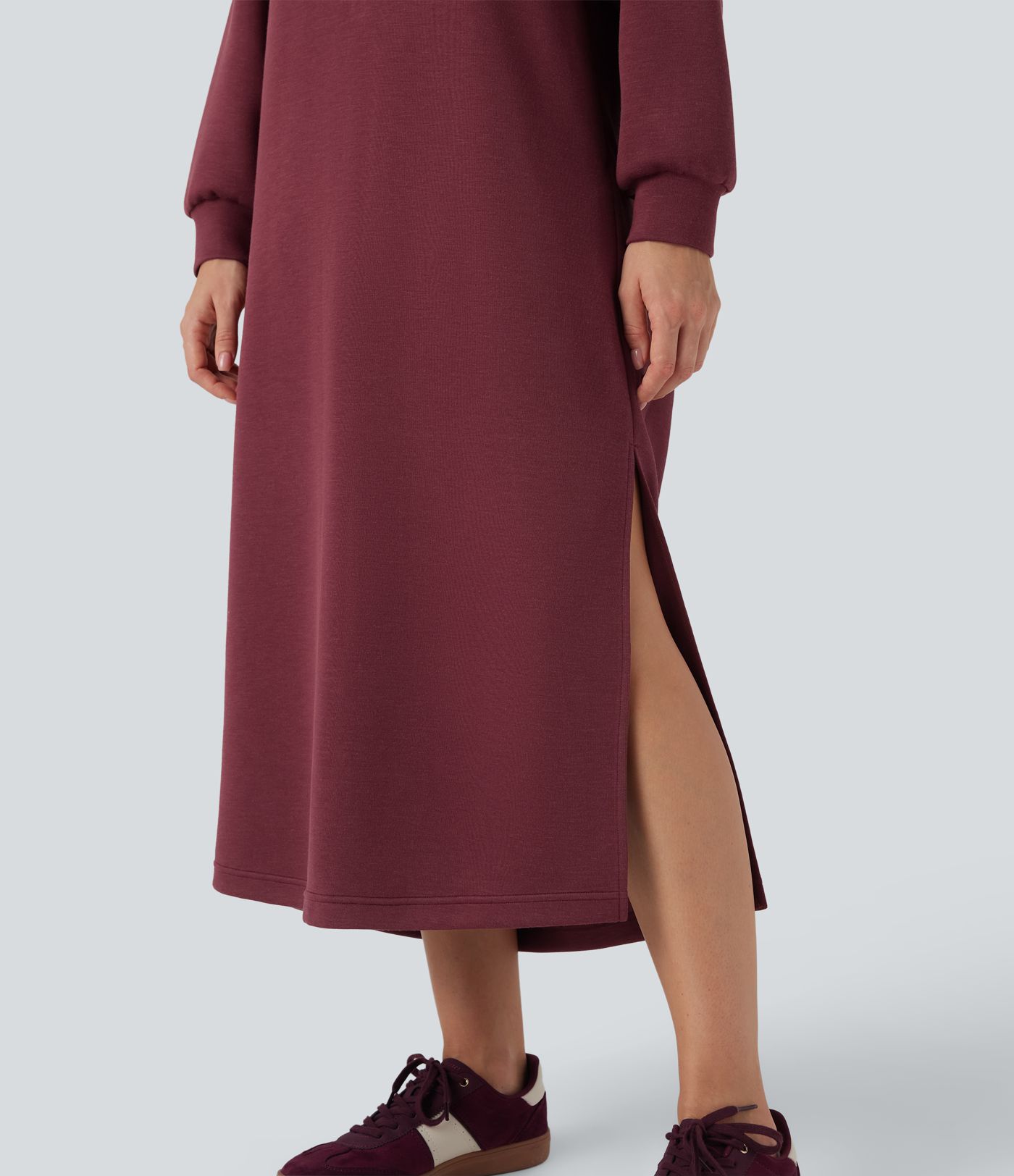 Vestido estilo sudadera larga maxi casual de manga larga con cuello redondo y bolsillos