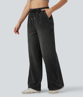 Halara Flex™ High Waisted Drawstring Split Straight Leg Casual French Terry Sweatpants Jeans with Pockets