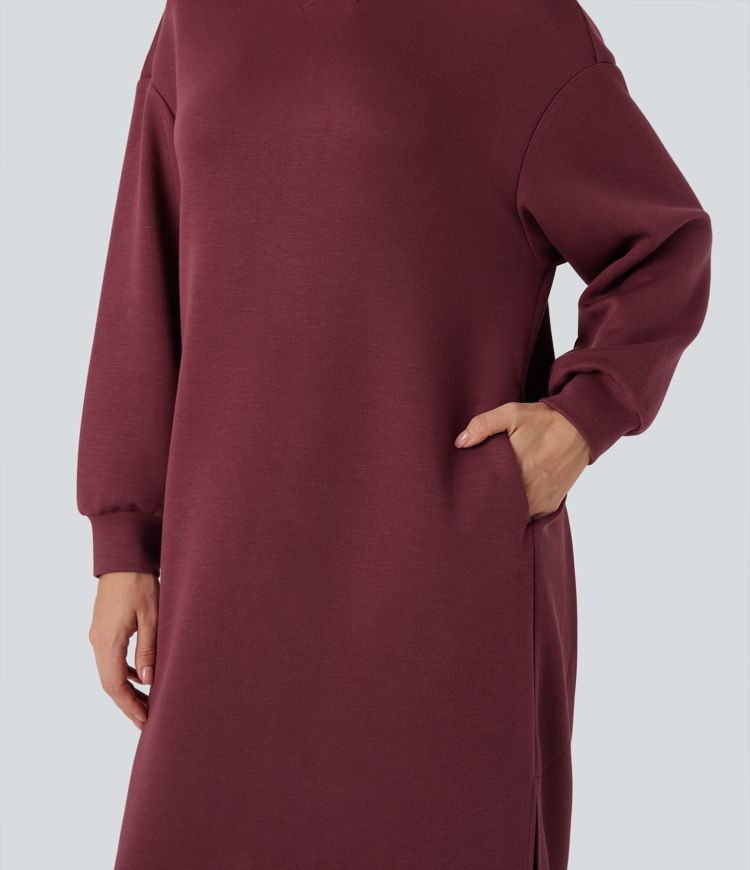 Round Neck Long Sleeve Split Maxi Casual Sweatshirt Dress with Pockets