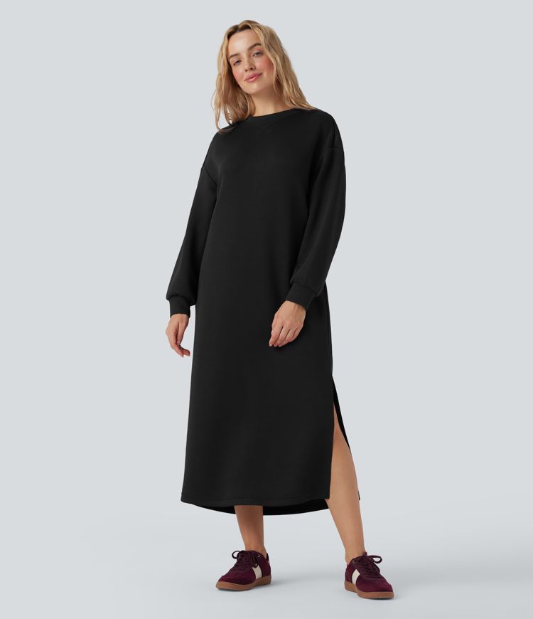 Round Neck Long Sleeve Split Maxi Casual Sweatshirt Dress with Pockets