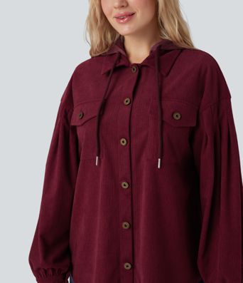 Hooded Drawstring Long Sleeve Corduroy Casual Jacket with Pockets