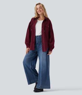 Hooded Drawstring Long Sleeve Corduroy Casual Jacket with Pockets