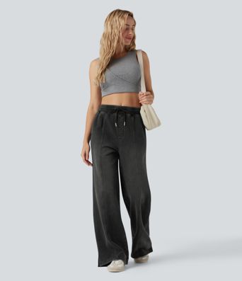 Halara Flex™ High Waisted Drawstring Split Straight Leg Casual French Terry Sweatpants Jeans with Pockets