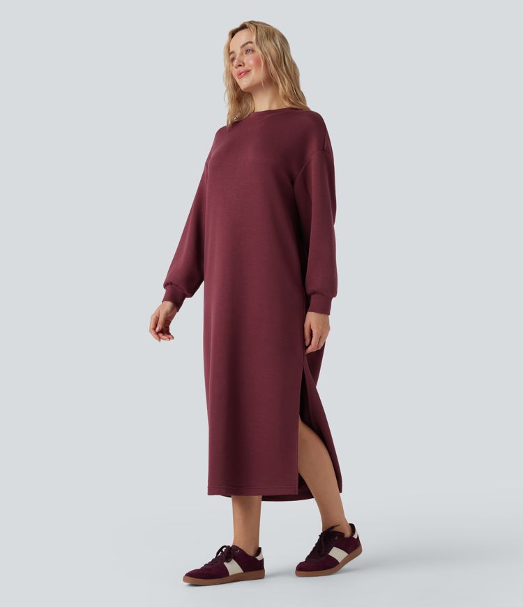 Round Neck Long Sleeve Split Maxi Casual Sweatshirt Dress with Pockets