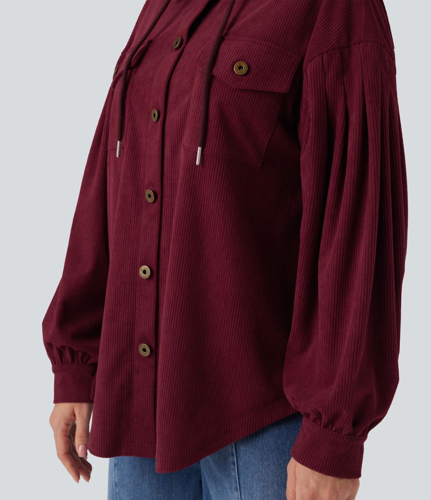 Hooded Drawstring Long Sleeve Corduroy Casual Jacket with Pockets