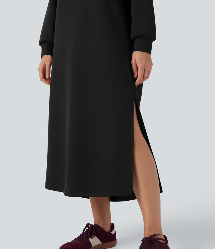 Round Neck Long Sleeve Split Maxi Casual Sweatshirt Dress with Pockets