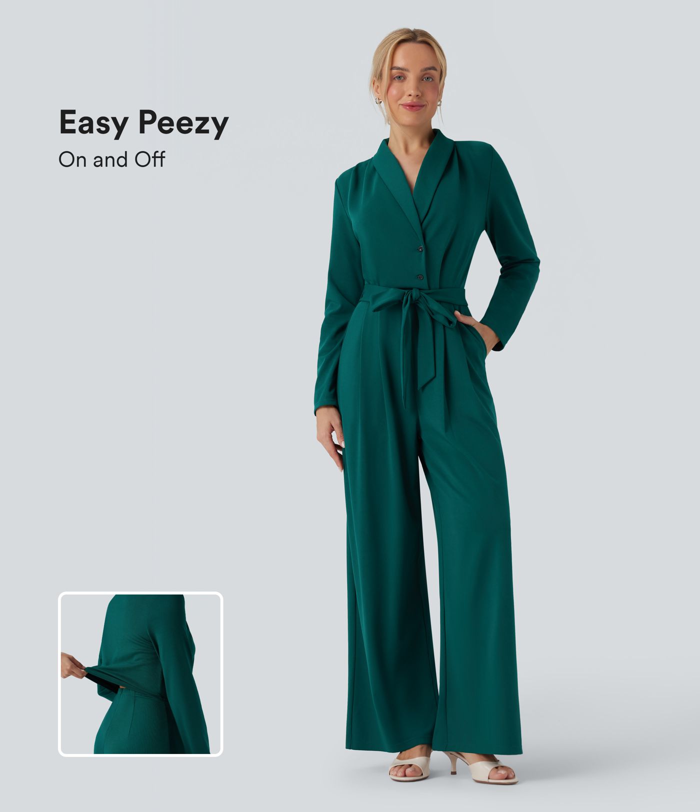 SculptKnit V-neck Long Sleeve Belted Jumpsuit with Pockets-Easy Peezy