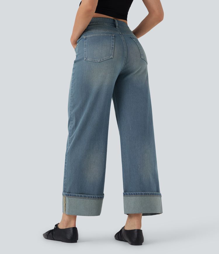 Halara Flex™ Jean Larges Taille Haute Ourlet Roulotté Multiples Poches