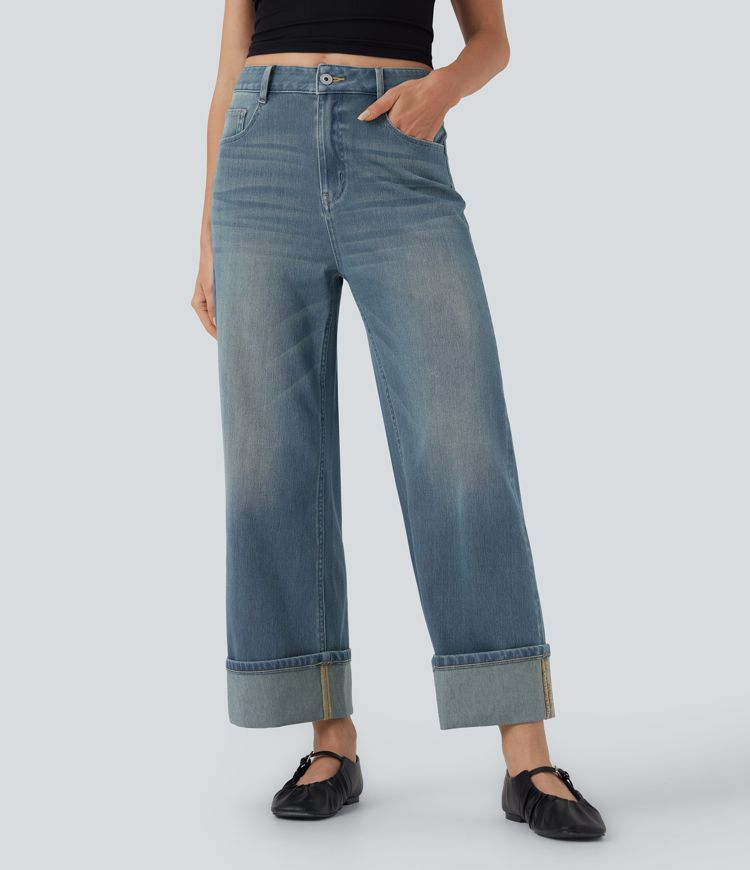 Halara Flex™ High Waisted Multiple Pockets Rolled Hem Wide Leg Washed Stretchy Knit Casual Jeans