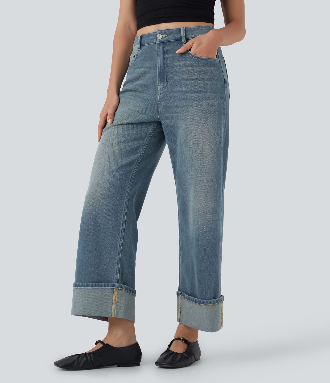 Halara Flex™ Jean Larges Taille Haute Ourlet Roulotté Multiples Poches