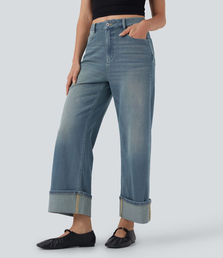 Halara Flex™ Jean Larges Taille Haute Ourlet Roulotté Multiples Poches