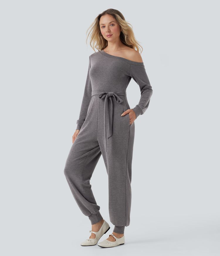 Excalibur Off-Shoulder Long Sleeve Tie Casual Jumpsuit with Pockets / 1