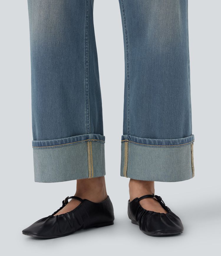 Halara Flex™ Jean Larges Taille Haute Ourlet Roulotté Multiples Poches