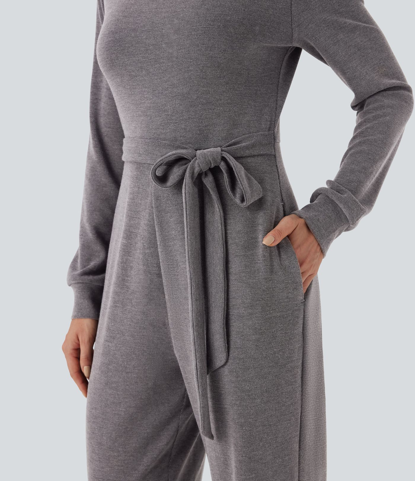 Off-Shoulder Long Sleeve Tie Casual Jumpsuit with Pockets