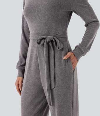 Off-Shoulder Long Sleeve Tie Casual Jumpsuit with Pockets