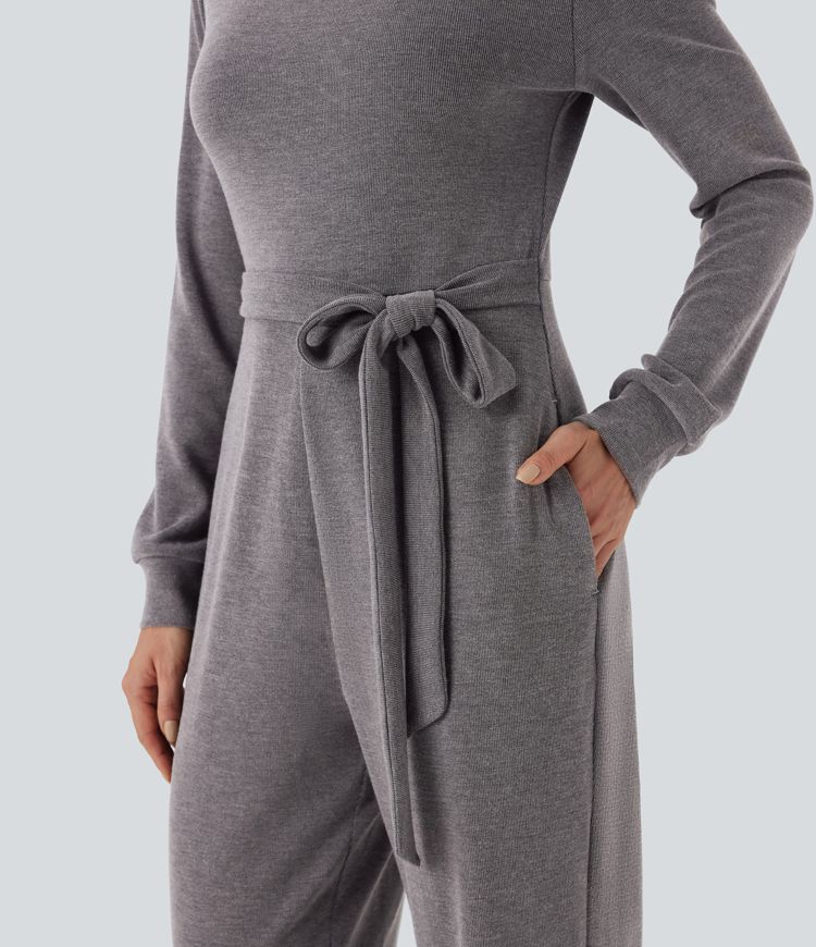 Off-Shoulder Long Sleeve Tie Casual Jumpsuit with Pockets