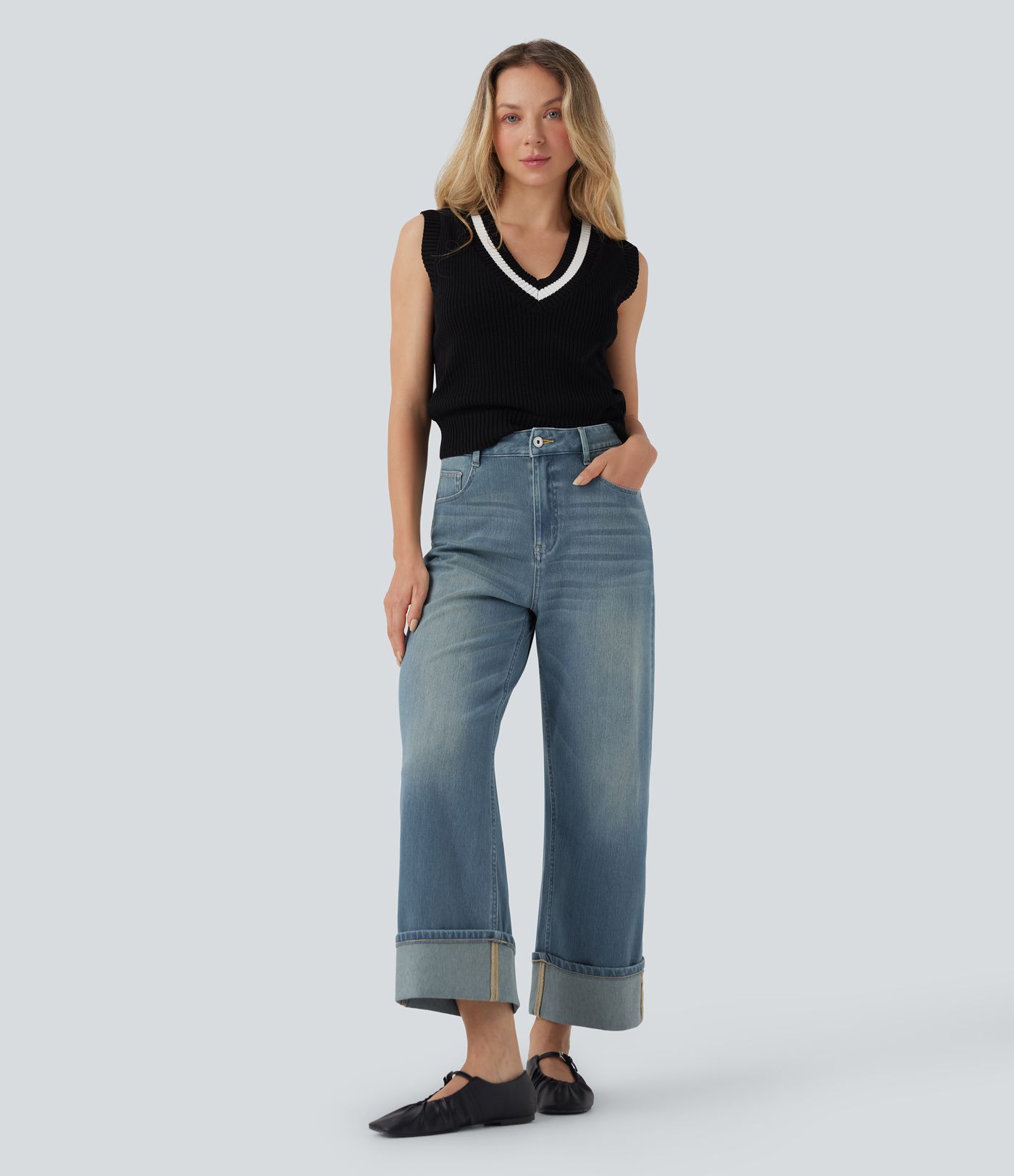 Halara Flex™ Jean Larges Taille Haute Ourlet Roulotté Multiples Poches