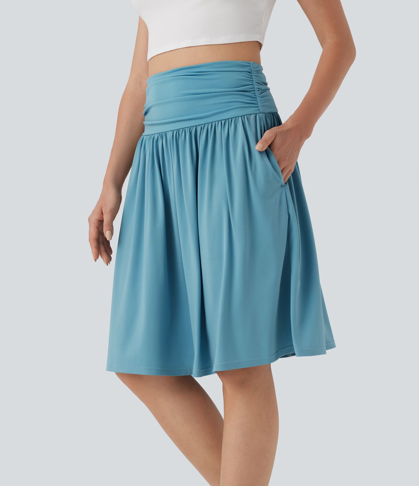 High Waisted Ruched Flowy A-line Skirt with Pockets