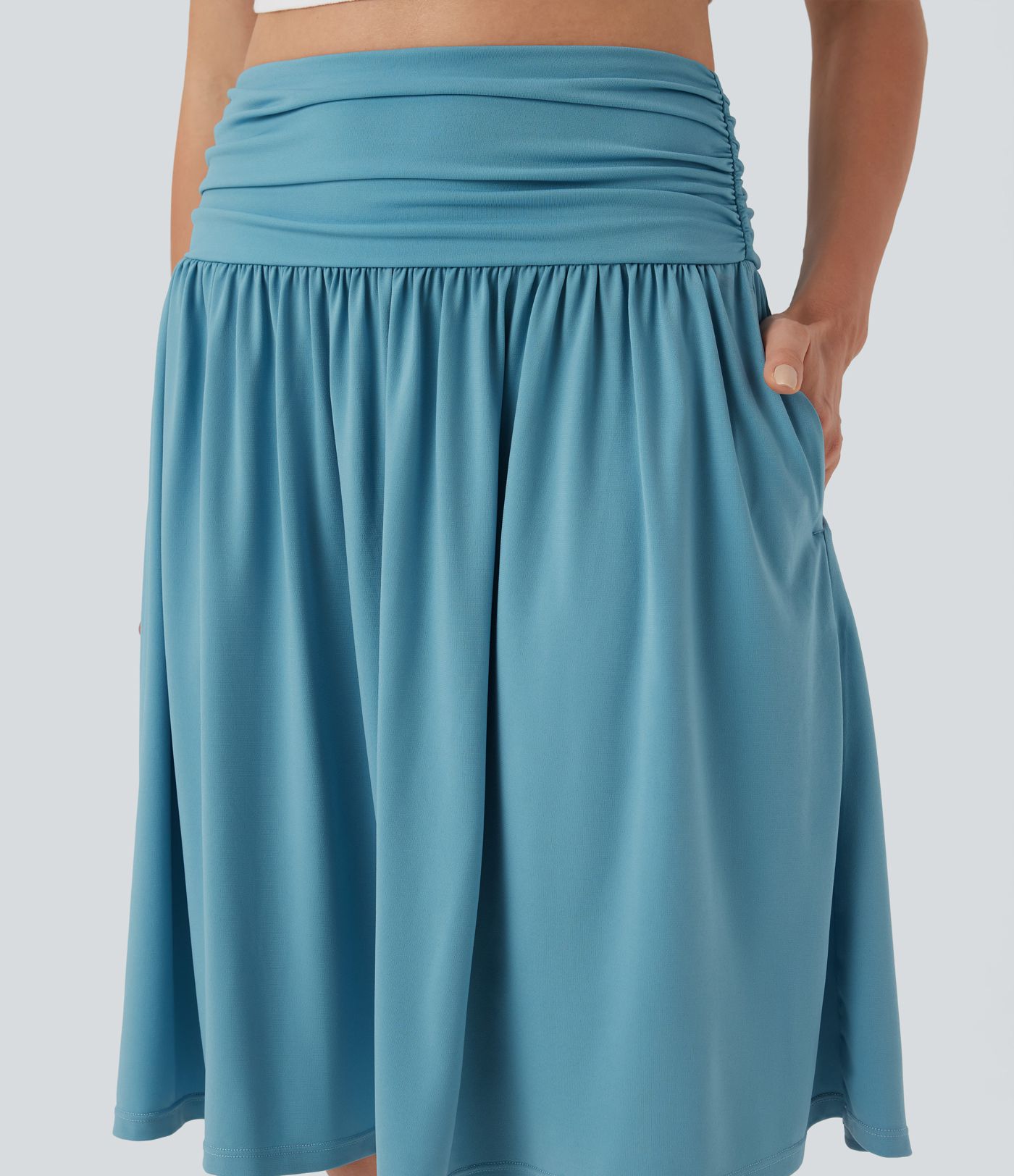 High Waisted Ruched Flowy A-line Skirt with Pockets