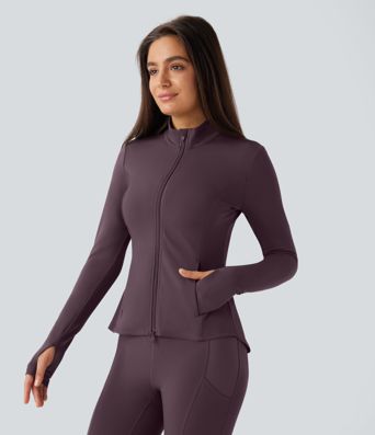 SoftlyZero™ Stand Collar Thumb Hole Pockets Pleated Zipper Slim Jacket-UPF50+