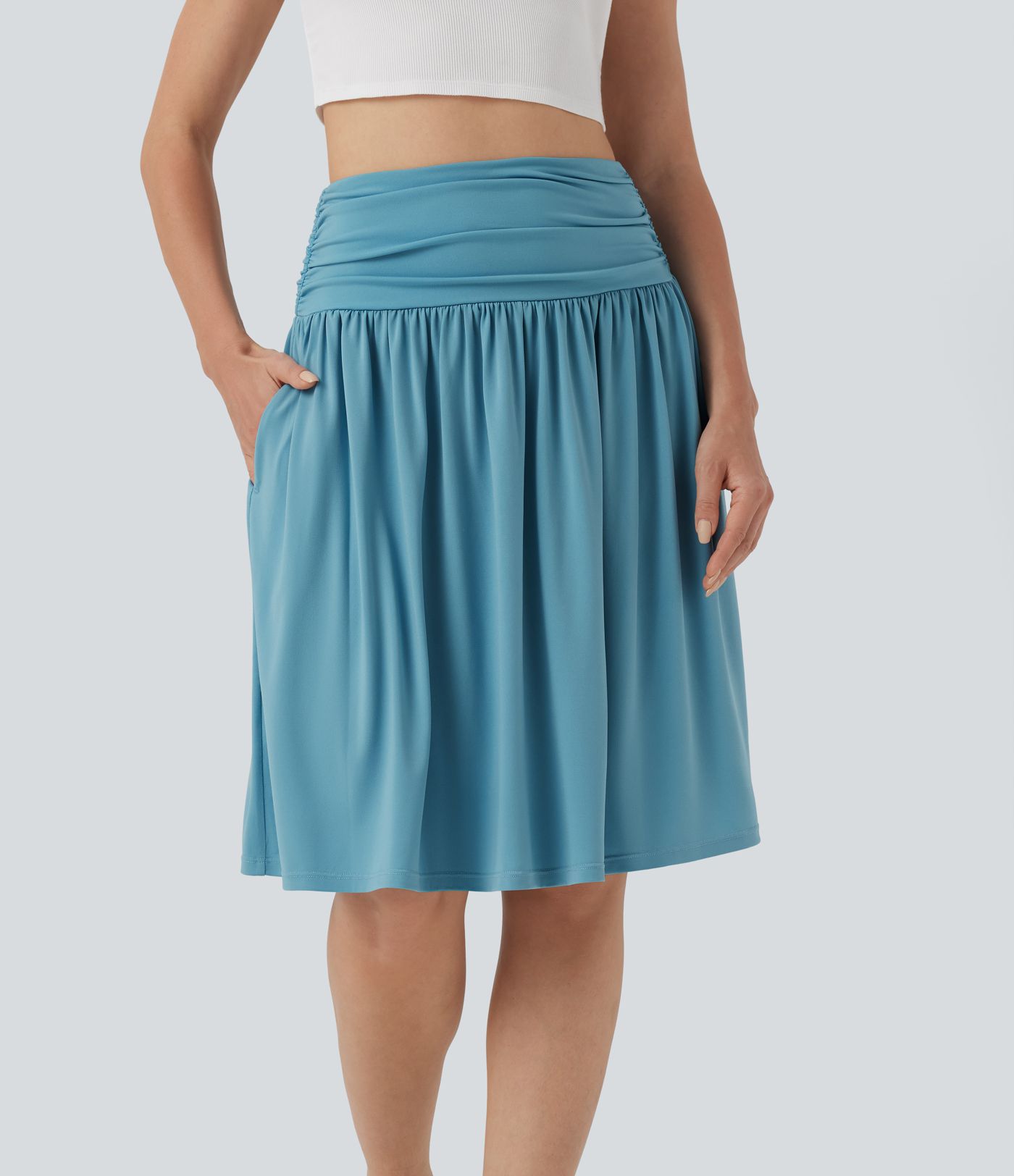 High Waisted Ruched Flowy A-line Skirt with Pockets