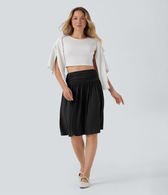 High Waisted Ruched Flowy A-line Skirt with Pockets